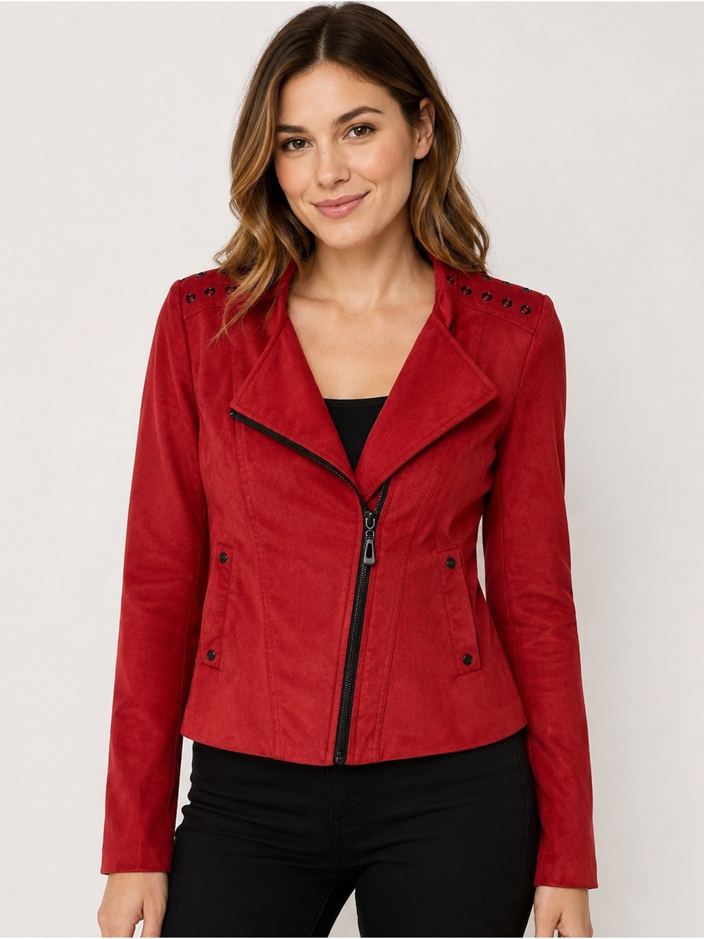 WD.NY Red Asymmetrical Zip Moto Jacket with Stud Accents
